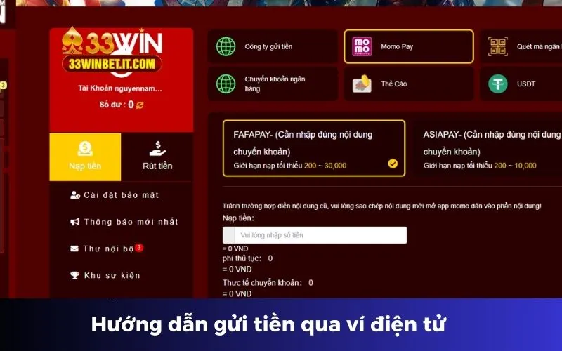 Các bước nạp 33win qua ví điện tử 