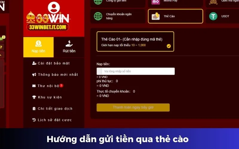 Hướng dẫn gửi tiền qua thẻ cào