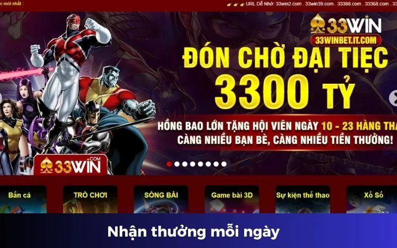 Khuyến mãi 33win - Nhận thưởng mỗi ngày 